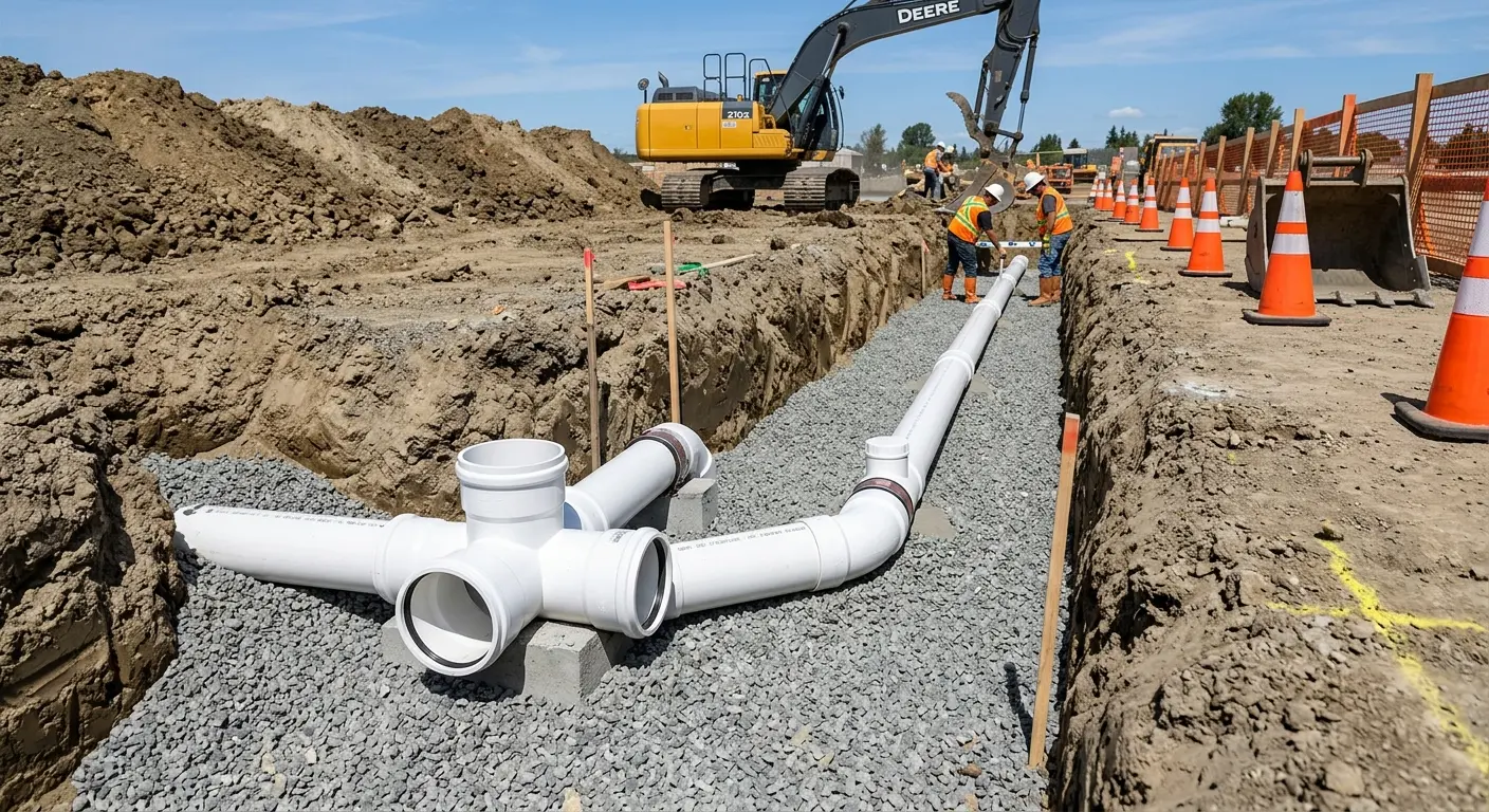 New PVC sewer pipe installation in open trench for Commercial Drain Cleaning in Niskayuna
