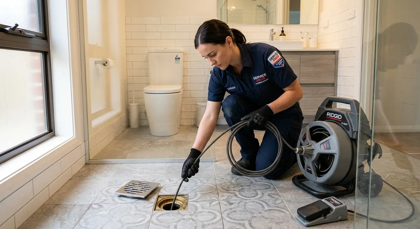 Technician clearing a bathroom floor drain for Sewer Line Installation in Niskayuna